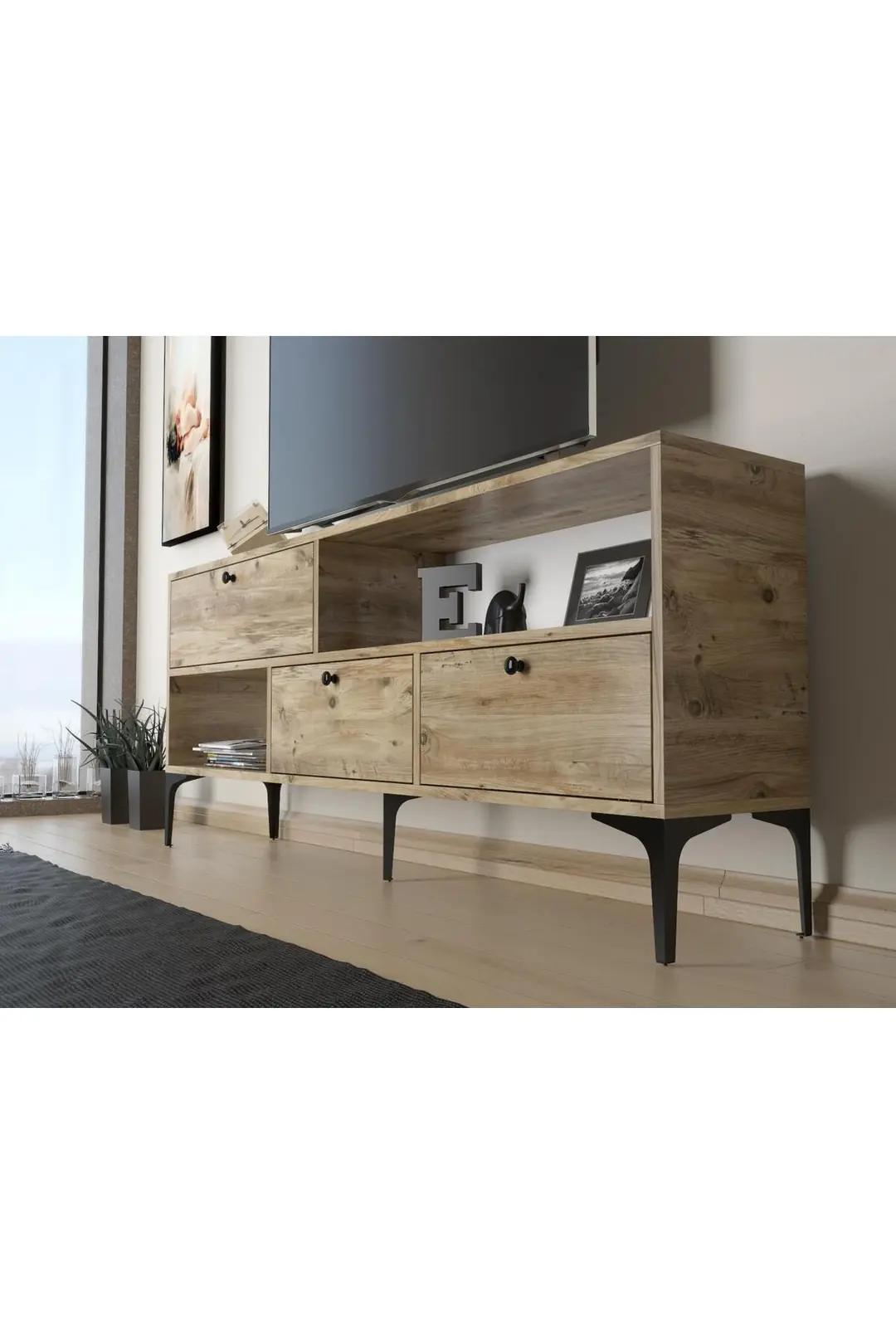 Katre 150 Cm Metal Ayaklı Tv Ünitesi - Atlantik Çam / Siyah